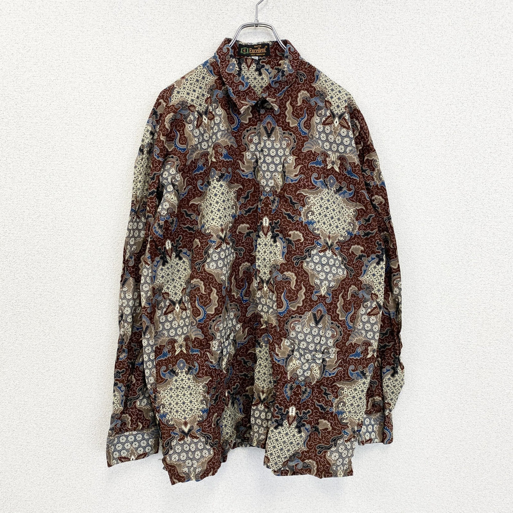 古着 used　BATIK Excellent　長袖総柄シャツ　レトロデザイン　幾何学模様　フロントポケット　XXXLサイズ