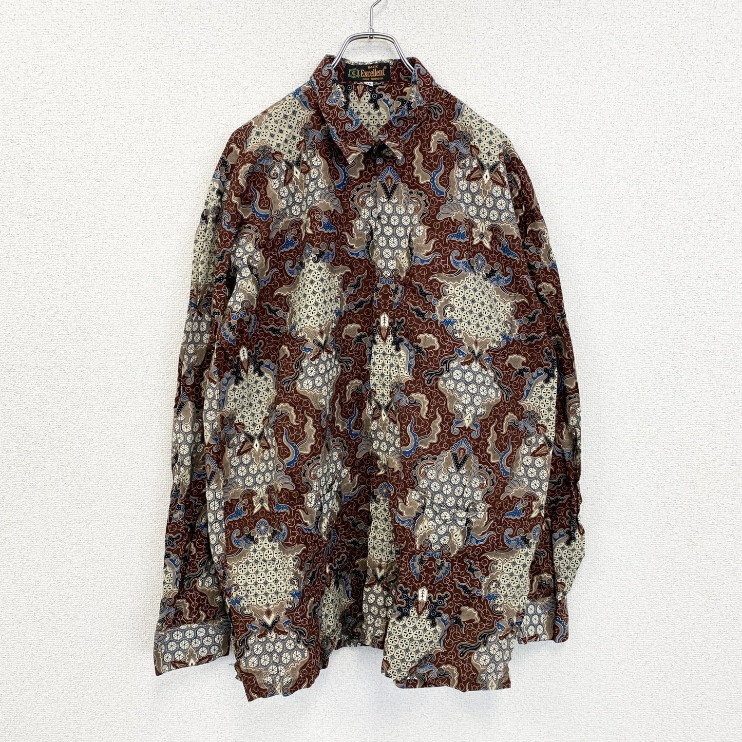 古着 used　BATIK Excellent　長袖総柄シャツ　レトロデザイン　幾何学模様　フロントポケット　XXXLサイズ