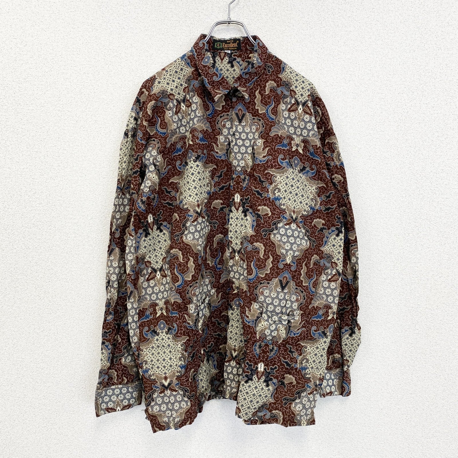 古着 used　BATIK Excellent　長袖総柄シャツ　レトロデザイン　幾何学模様　フロントポケット　XXXLサイズ
