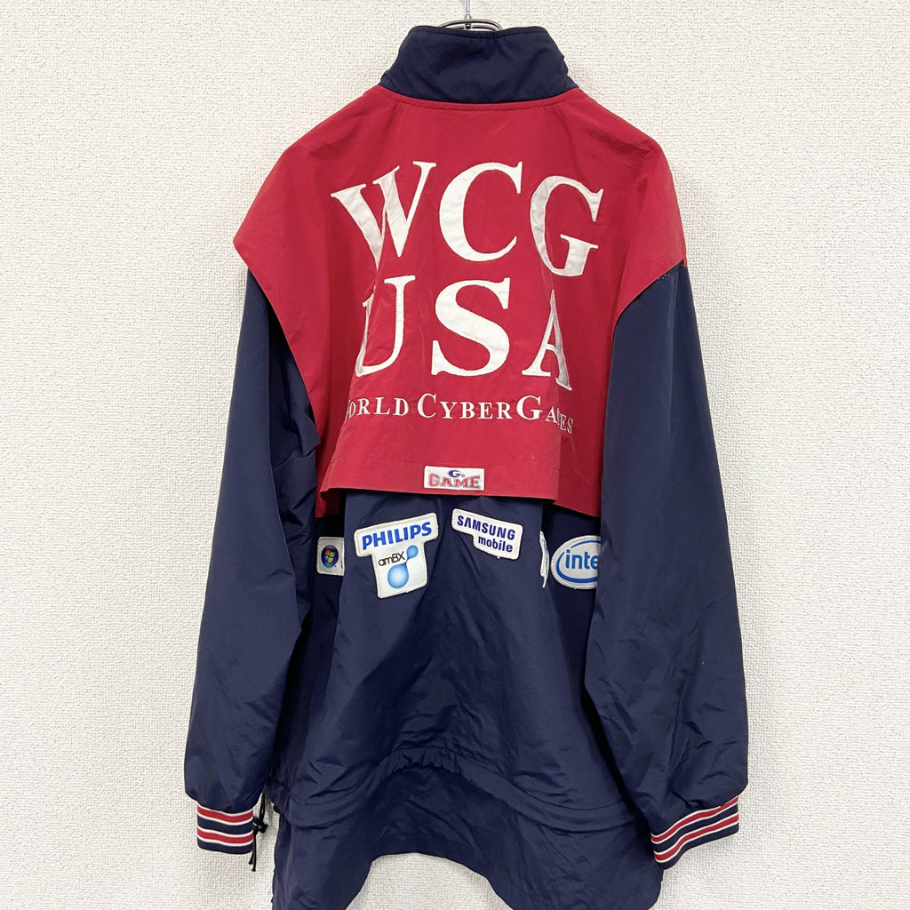 ～90s　GAME　SPORTSWEAR LTD　ハーフジップナイロンプルオーバー　星条旗　ヴィンテージ　レッド　ネイビー　Lサイズ