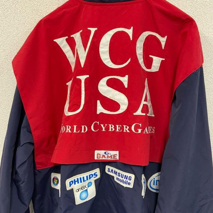 ～90s　GAME　SPORTSWEAR LTD　ハーフジップナイロンプルオーバー　星条旗　ヴィンテージ　レッド　ネイビー　Lサイズ