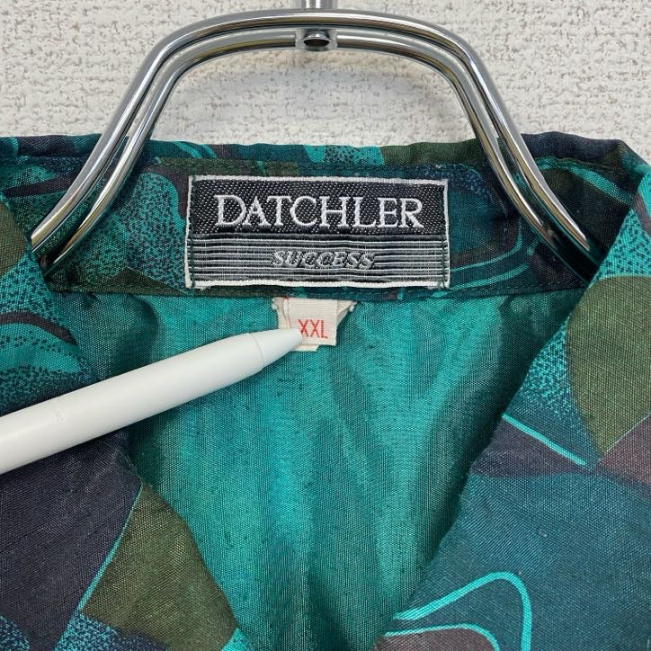 古着 used　半袖総柄シャツ　胸ポケット　幾何学模様　個性的　緑　水色　グリーン　ライトブルー　レトロデザイン　2XLサイズ