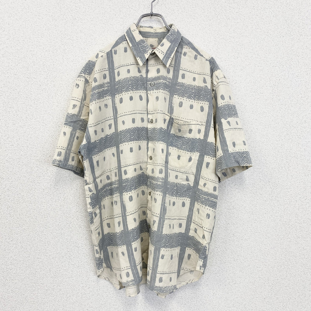 古着 used　半袖プリント総柄シャツ　胸ポケット　ブルー　レトロデザイン　アロハ　ハワイアン　リゾート　Mサイズ
