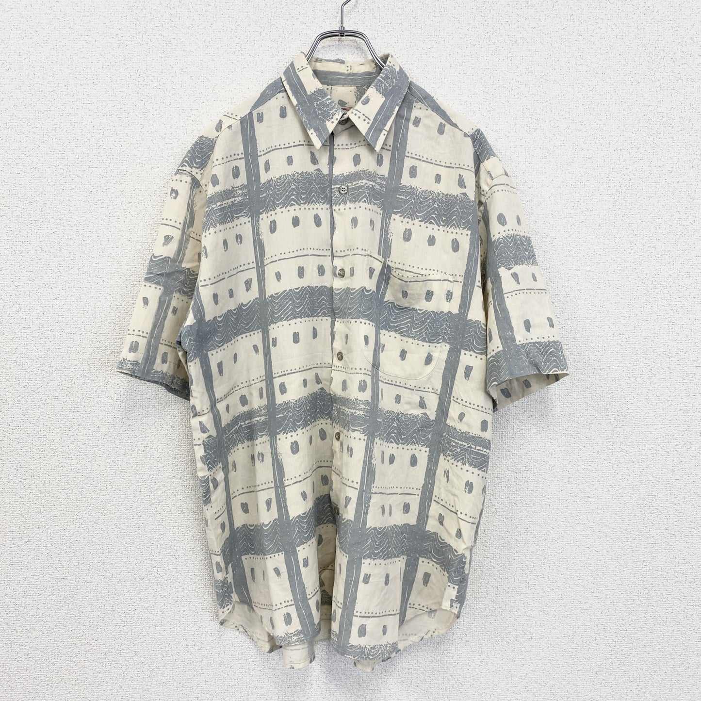 古着 used　半袖プリント総柄シャツ　胸ポケット　ブルー　レトロデザイン　アロハ　ハワイアン　リゾート　Mサイズ