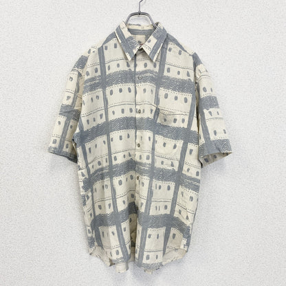 古着 used　半袖プリント総柄シャツ　胸ポケット　ブルー　レトロデザイン　アロハ　ハワイアン　リゾート　Mサイズ