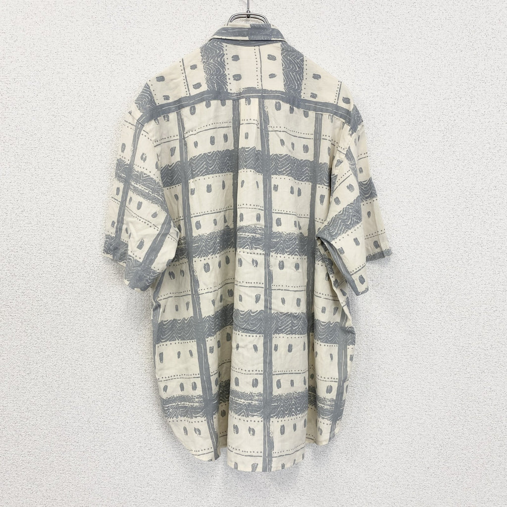 古着 used　半袖プリント総柄シャツ　胸ポケット　ブルー　レトロデザイン　アロハ　ハワイアン　リゾート　Mサイズ
