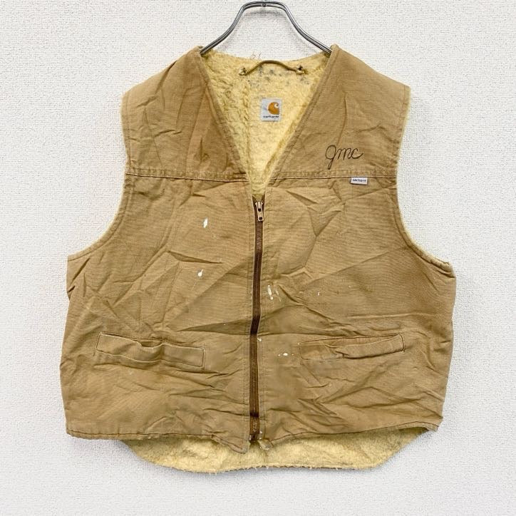 【星タグ】Carhartt ボアベスト 80s フェード ダメージ有 80s Carhartt カーハート フルジップダックベスト ヴィンテージ ボア