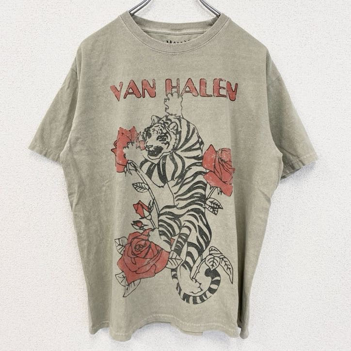 古着 used　半袖バンドプリントTシャツ　音楽　ヴァンヘイレン　ハードロック　バラ　虎　タイガー　カーキ　Lサイズ