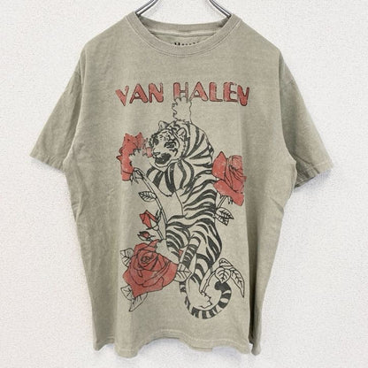 古着 used　半袖バンドプリントTシャツ　音楽　ヴァンヘイレン　ハードロック　バラ　虎　タイガー　カーキ　Lサイズ