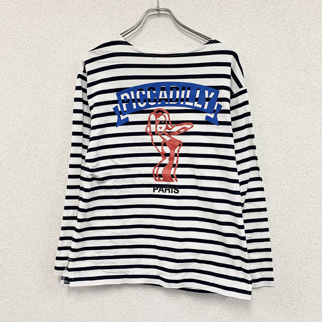 PICCADILLY　ピカデリー　長袖Tシャツ/ロンT　ボーダー柄　デカロゴ　アーチプリント　黒　ブラック　白　ホワイト　Fサイズ