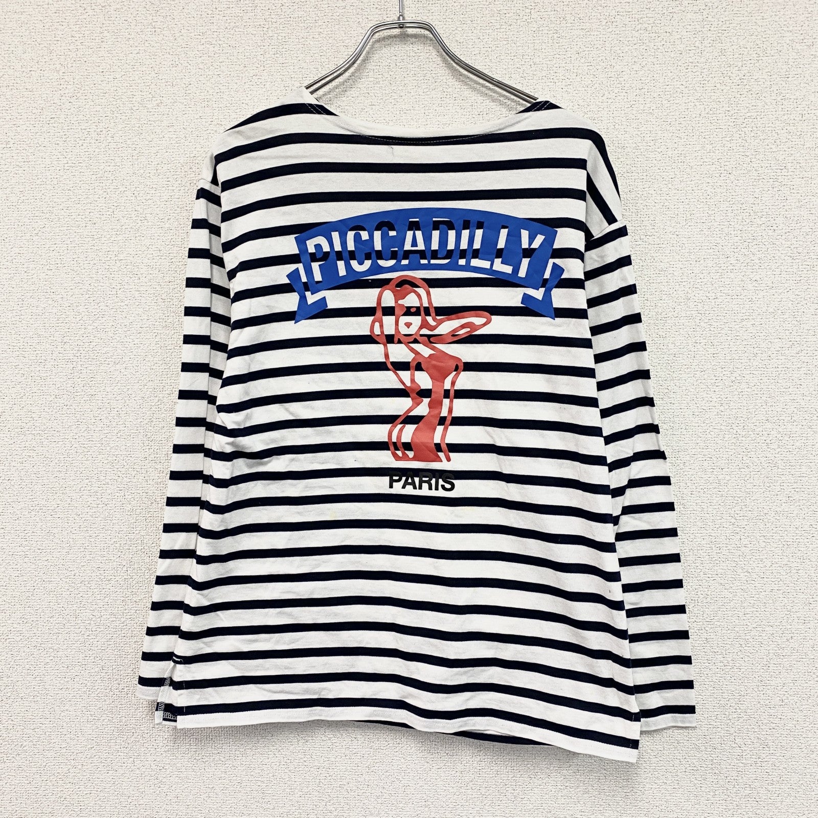 PICCADILLY　ピカデリー　長袖Tシャツ/ロンT　ボーダー柄　デカロゴ　アーチプリント　黒　ブラック　白　ホワイト　Fサイズ