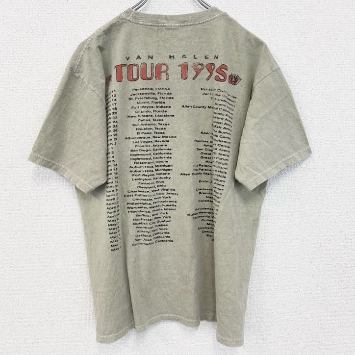 古着 used　半袖バンドプリントTシャツ　音楽　ヴァンヘイレン　ハードロック　バラ　虎　タイガー　カーキ　Lサイズ