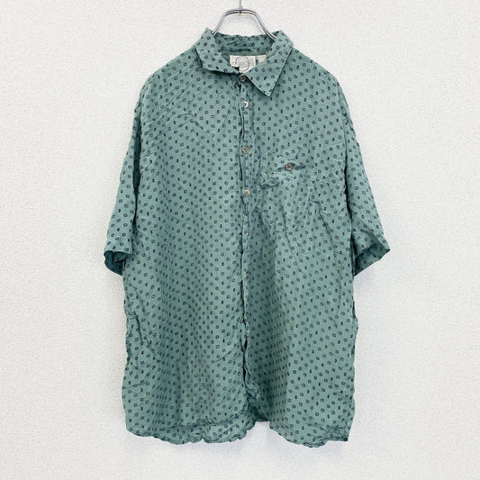 古着 used　MAN'S　半袖総柄シャツ　アート　グリーン　オーバーサイズ　レーヨン　レトロデザイン　胸ポケット