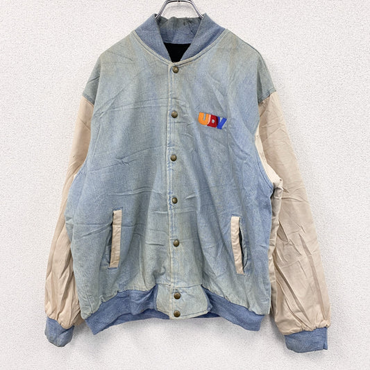 ～90s　AUBUN SPORT WEAR　デニムスタジャン/スタジアムジャケット　刺繍ロゴ　ヴィンテージ　インディゴ　Lサイズ