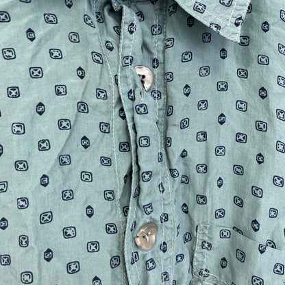 古着 used　MAN'S　半袖総柄シャツ　アート　グリーン　オーバーサイズ　レーヨン　レトロデザイン　胸ポケット