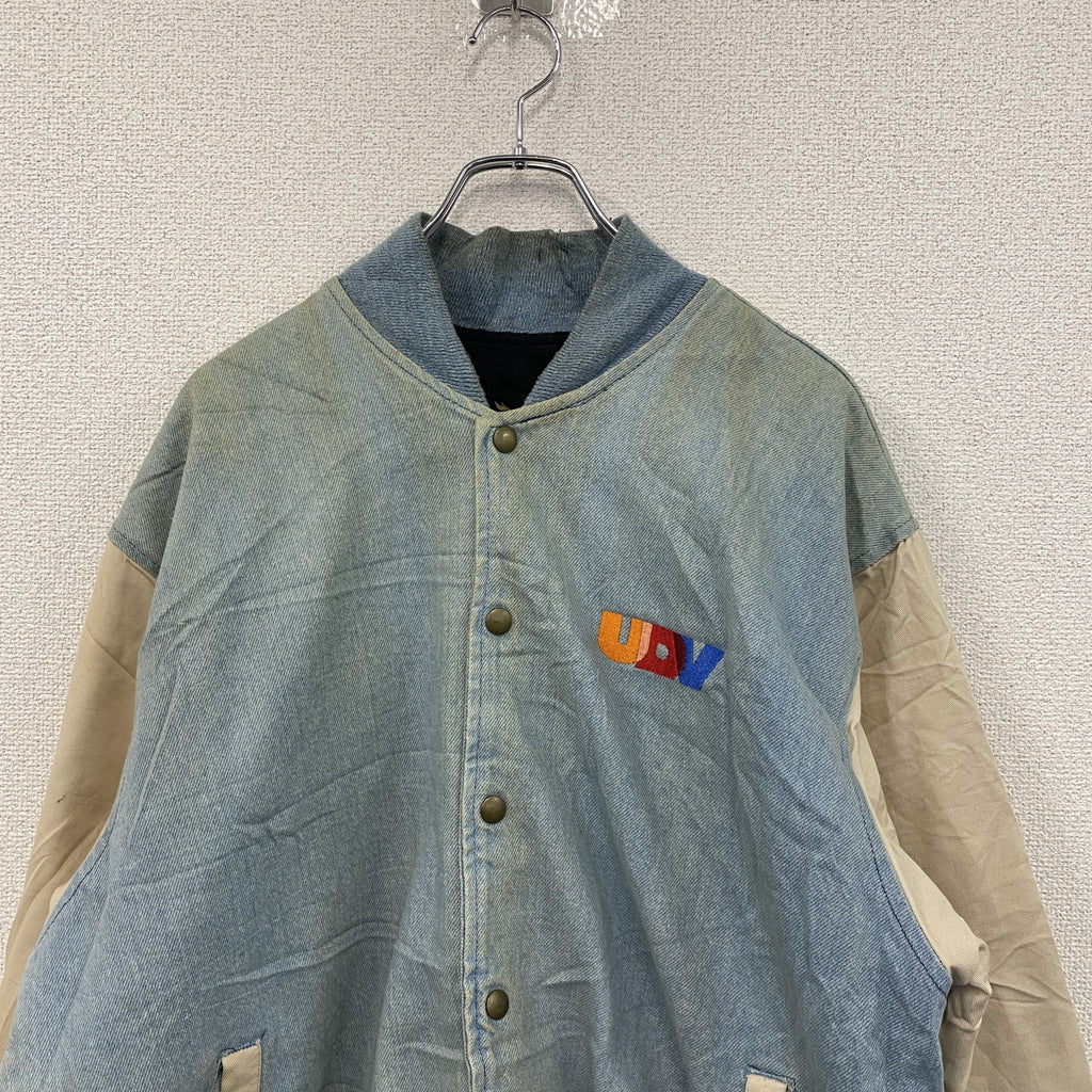 ～90s　AUBUN SPORT WEAR　デニムスタジャン/スタジアムジャケット　刺繍ロゴ　ヴィンテージ　インディゴ　Lサイズ