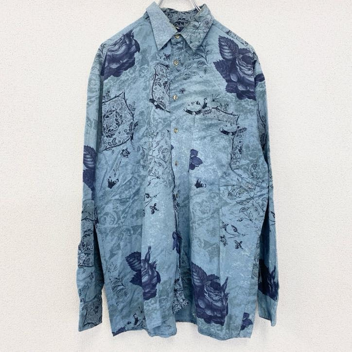 古着 used　B.w.MOSS　長袖プリント総柄シャツ　レトロデザイン　幾何学模様　バラ　植物　花　ライトブルー　
