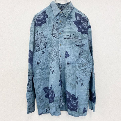 古着 used　B.w.MOSS　長袖プリント総柄シャツ　レトロデザイン　幾何学模様　バラ　植物　花　ライトブルー　