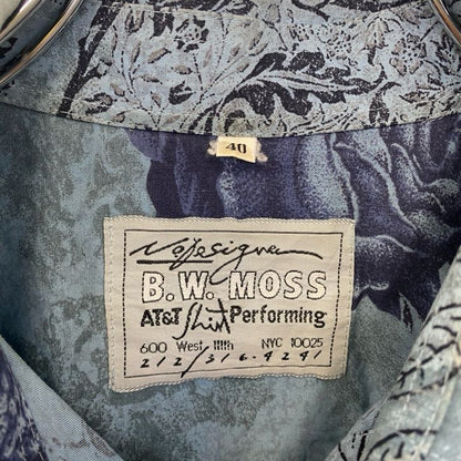 古着 used　B.w.MOSS　長袖プリント総柄シャツ　レトロデザイン　幾何学模様　バラ　植物　花　ライトブルー　