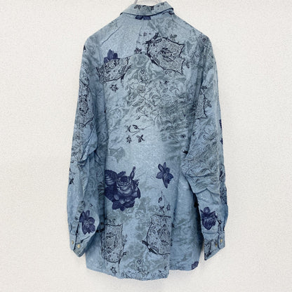 古着 used　B.w.MOSS　長袖プリント総柄シャツ　レトロデザイン　幾何学模様　バラ　植物　花　ライトブルー　