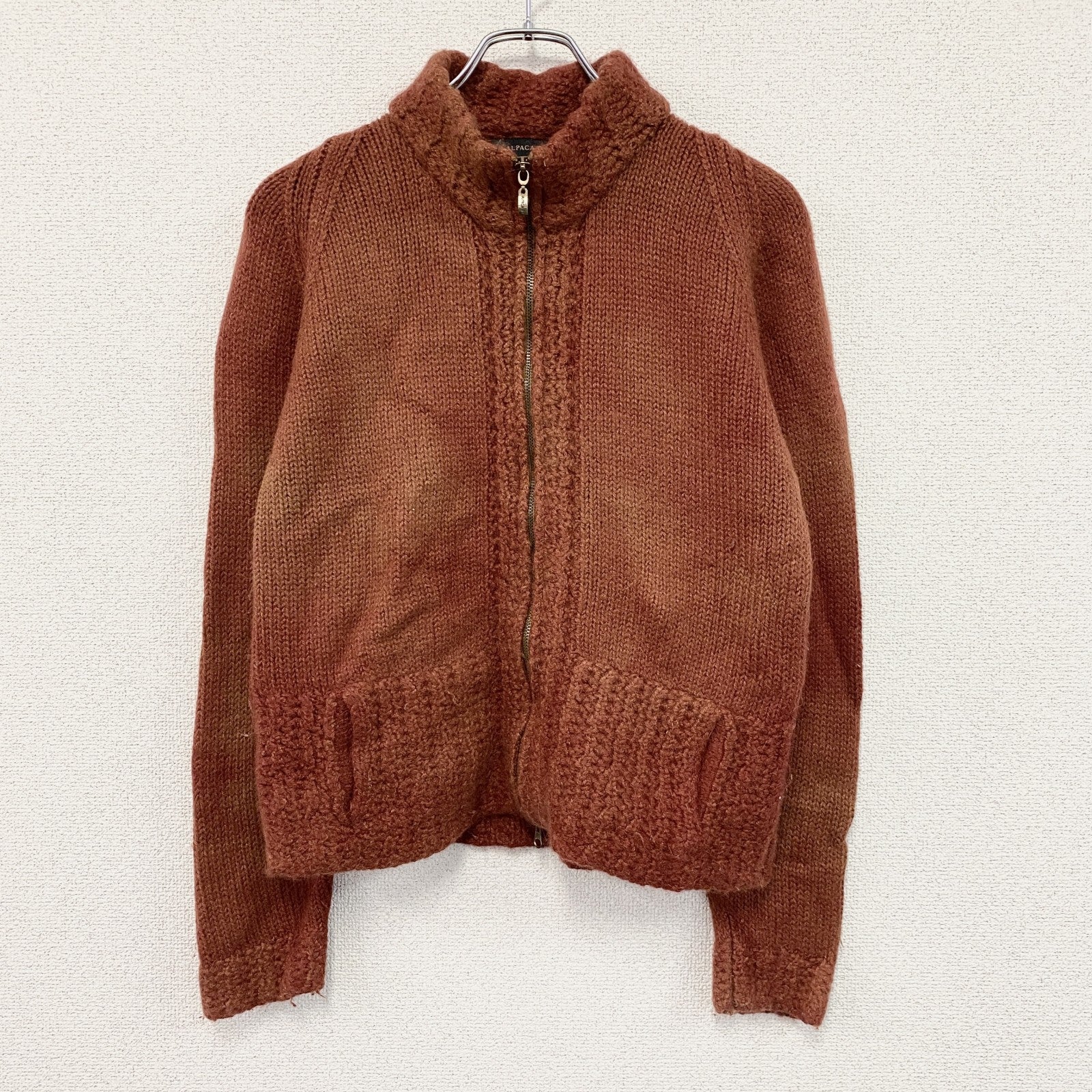 Alpaca 111　フルジップアルパカニットカーディガン　編み込み　オレンジ　Mサイズ