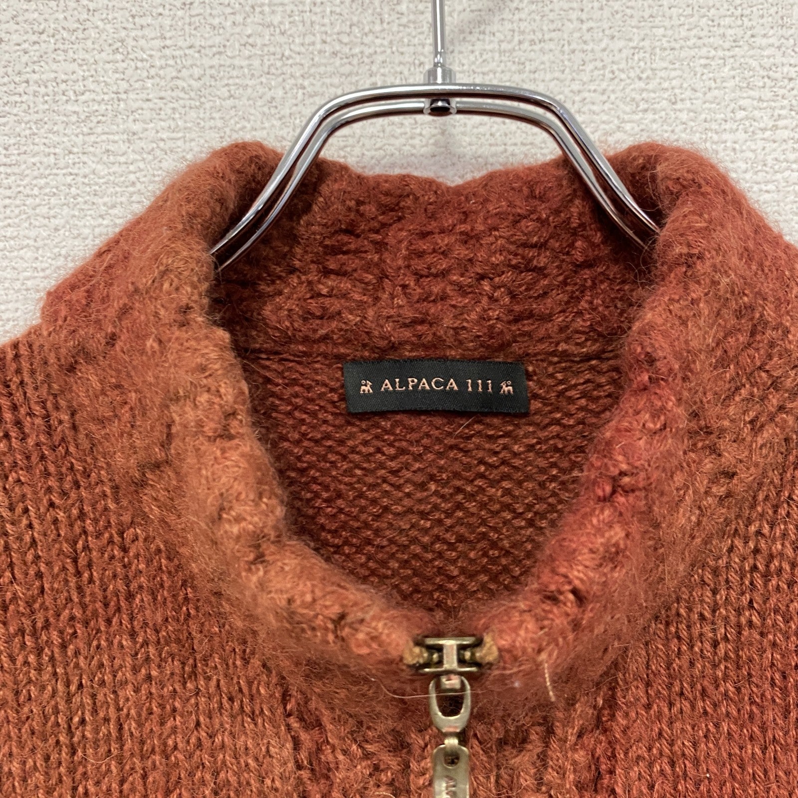 Alpaca 111　フルジップアルパカニットカーディガン　編み込み　オレンジ　Mサイズ
