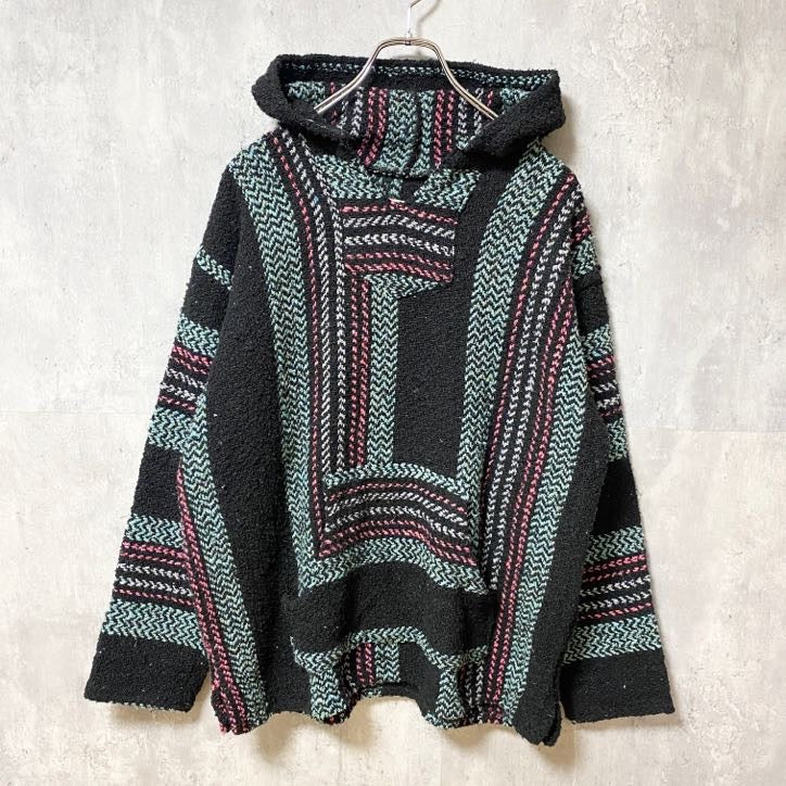 古着 used　BAJA JOE　メキシコ製　長袖メキシカンパーカー　ニット　セーター　フード　レトロデザイン　秋冬服　Lサイズ