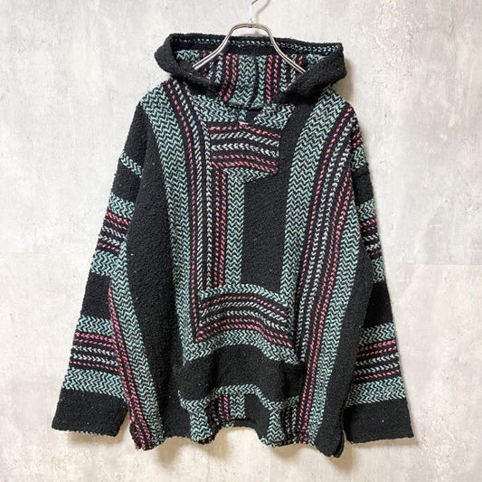 古着 used　BAJA JOE　メキシコ製　長袖メキシカンパーカー　ニット　セーター　フード　レトロデザイン　秋冬服　Lサイズ