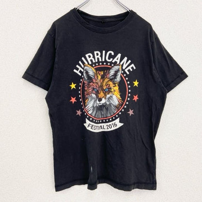 古着 used　半袖アニマルプリントTシャツ　狐　キツネ　バックプリント　レトロデザイン　クルーネック　黒　ブラック　Lサイズ