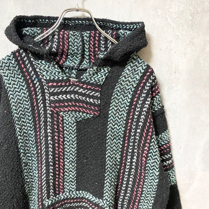 古着 used　BAJA JOE　メキシコ製　長袖メキシカンパーカー　ニット　セーター　フード　レトロデザイン　秋冬服　Lサイズ