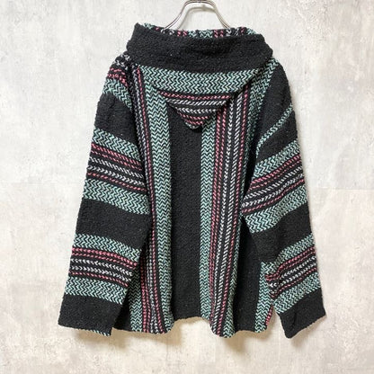 古着 used　BAJA JOE　メキシコ製　長袖メキシカンパーカー　ニット　セーター　フード　レトロデザイン　秋冬服　Lサイズ