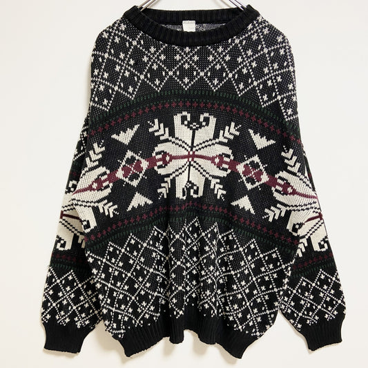 古着 used　Littlewoods　長袖総柄クルーネック厚手ニット　セーター　黒　ブラック　ノルディック柄　レトロ　Mサイズ