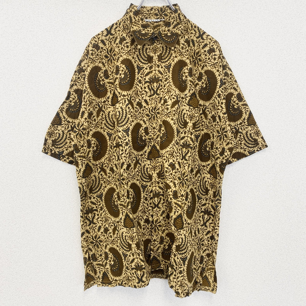 古着 used　半袖プリント総柄シャツ　レトロ　幾何学模様　ペイズリー　ベージュ　ボタニカル　エスニック　Lサイズ