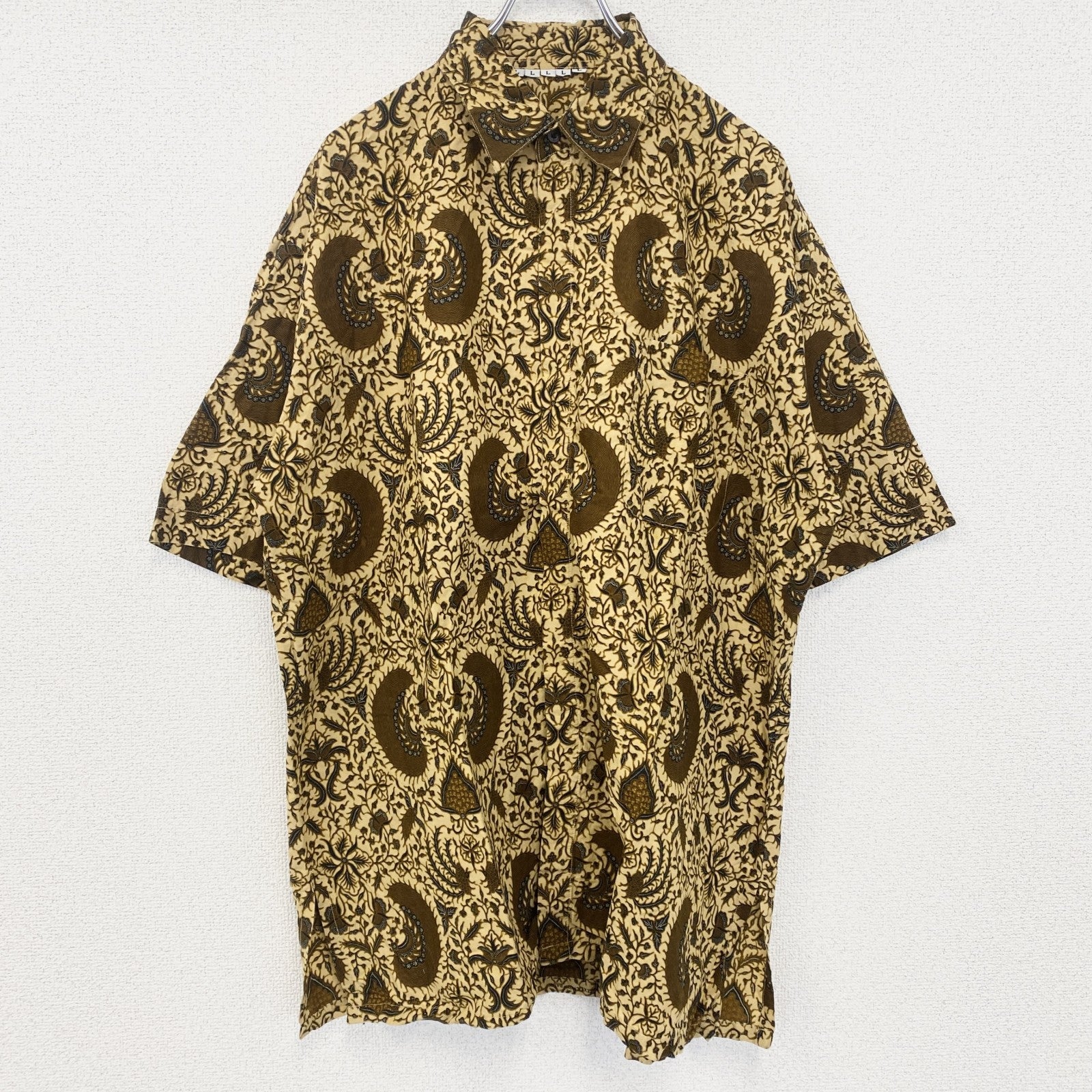 古着 used　半袖プリント総柄シャツ　レトロ　幾何学模様　ペイズリー　ベージュ　ボタニカル　エスニック　Lサイズ
