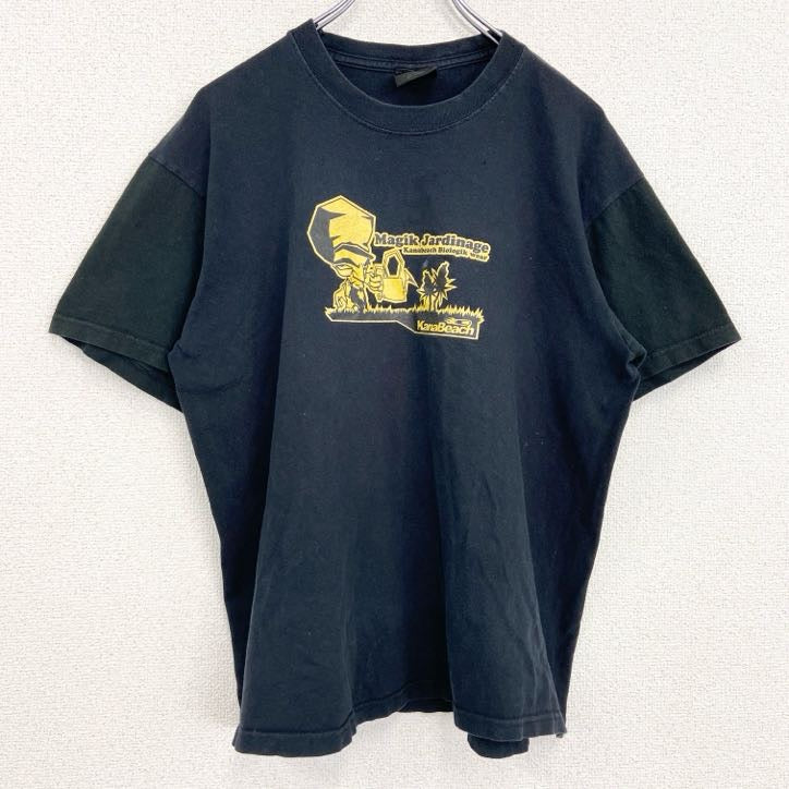 古着 used　半袖プリントTシャツ　KanaBeach　切り替えデザイン　レトロ　クルーネック　黒　ブラック　Lサイズ