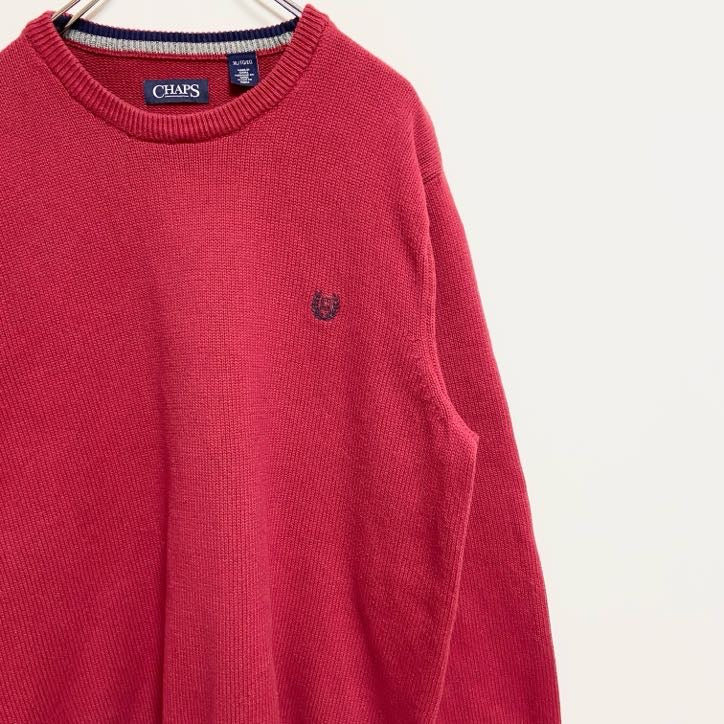 古着 used　CHAPS　チャップス　長袖クルーネックニット　セーター　ワンポイント刺繍　無地　赤　レトロデザイン　XLサイズ