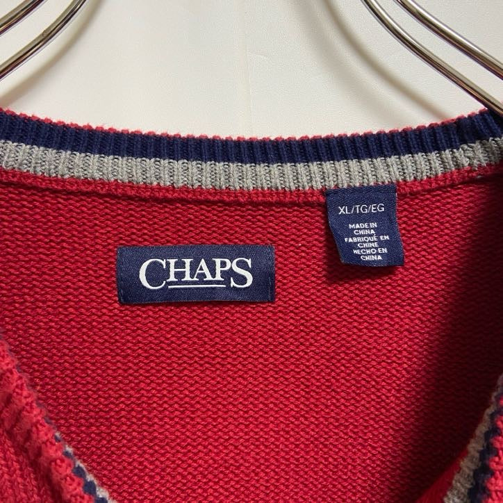 古着 used　CHAPS　チャップス　長袖クルーネックニット　セーター　ワンポイント刺繍　無地　赤　レトロデザイン　XLサイズ