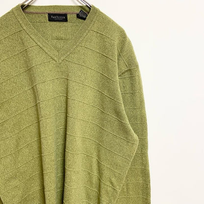 VAN HEUSEN　Vネック薄手ニット　セーター　ブロック柄　黄緑　ライトグリーン　レトロデザイン　XLサイズ