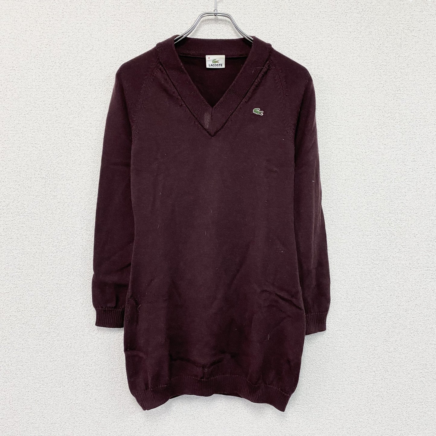 LACOSTE　ラコステ　ウールニットセーター　Vネック　刺繍ロゴ　ラグランスリーブ　ボルドー　40サイズ