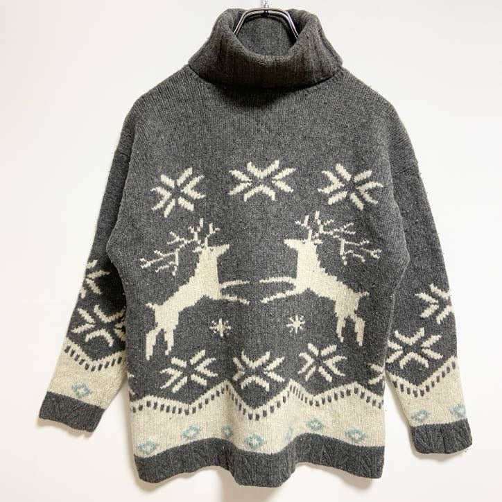 ESPRIT　長袖デザインニット　セーター　ノルディック柄　タートルネック　トナカイ　グレー　レトロ　Mサイズ