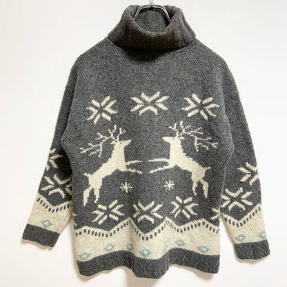 ESPRIT　長袖デザインニット　セーター　ノルディック柄　タートルネック　トナカイ　グレー　レトロ　Mサイズ
