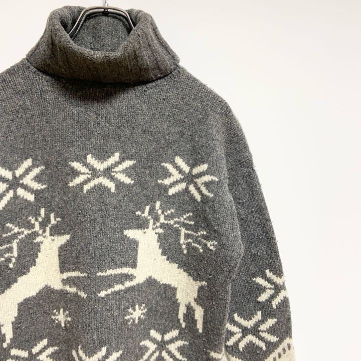 ESPRIT　長袖デザインニット　セーター　ノルディック柄　タートルネック　トナカイ　グレー　レトロ　Mサイズ