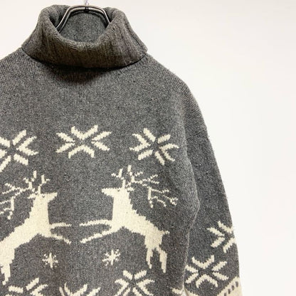 ESPRIT　長袖デザインニット　セーター　ノルディック柄　タートルネック　トナカイ　グレー　レトロ　Mサイズ