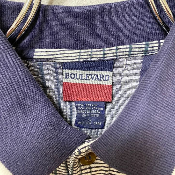90s～　BOULEVARD　半袖ポロシャツ　ストライプ柄　無地　ヴィンテージ　総柄　紺　ネイビー　灰色　グレー　Lサイズ