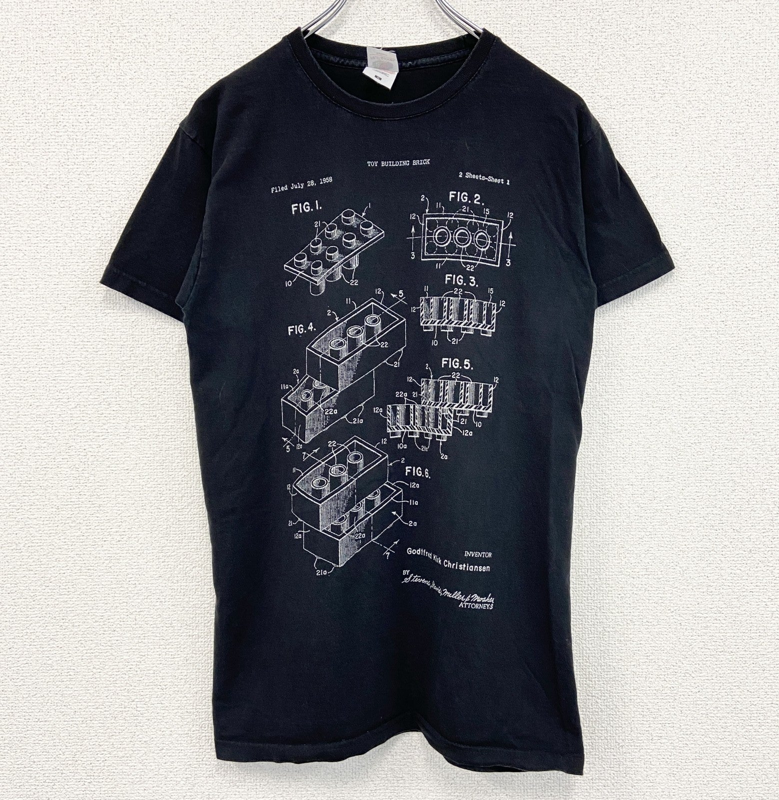 古着 used　FURUIT OF THE LOOM　半袖プリントTシャツ　クルーネック　工程表　レトロデザイン　黒　Mサイズ