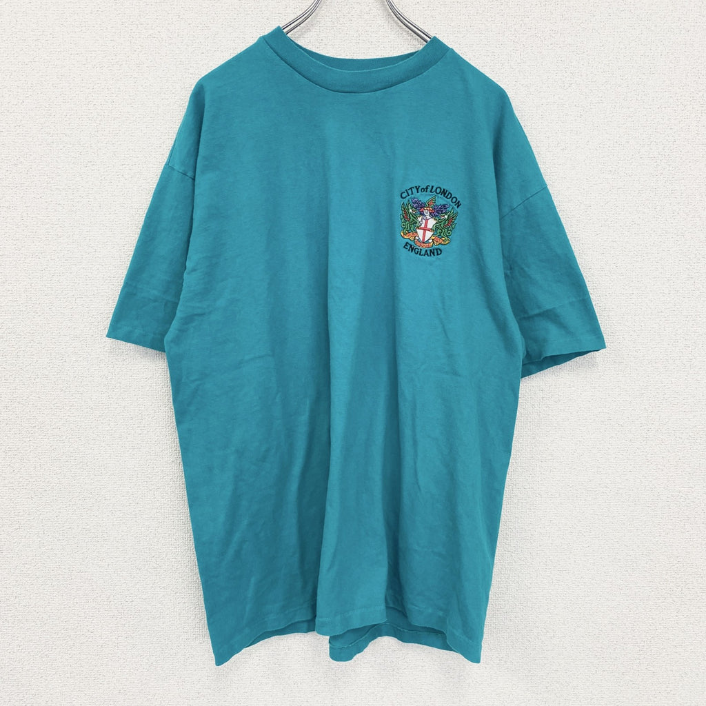 古着 used　Hanes　ヘインズ　半袖ワンポイントTシャツ　グリーン　ブルー　刺繍　クルーネック　ビッグシルエット　XLサイズ