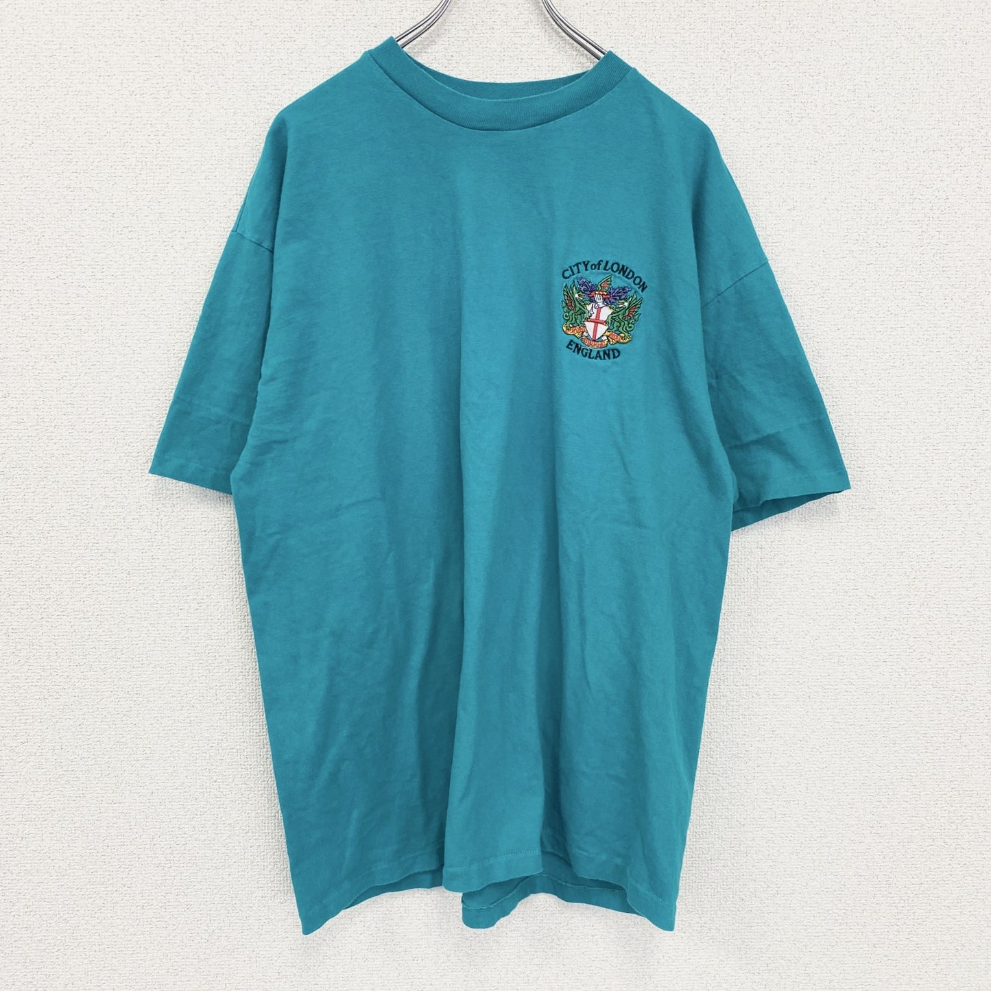 古着 used　Hanes　ヘインズ　半袖ワンポイントTシャツ　グリーン　ブルー　刺繍　クルーネック　ビッグシルエット　XLサイズ
