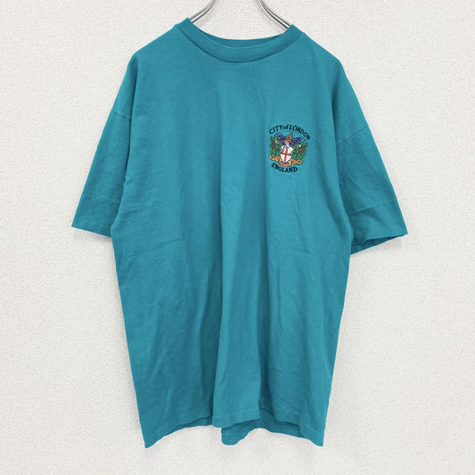 古着 used　Hanes　ヘインズ　半袖ワンポイントTシャツ　グリーン　ブルー　刺繍　クルーネック　ビッグシルエット　XLサイズ