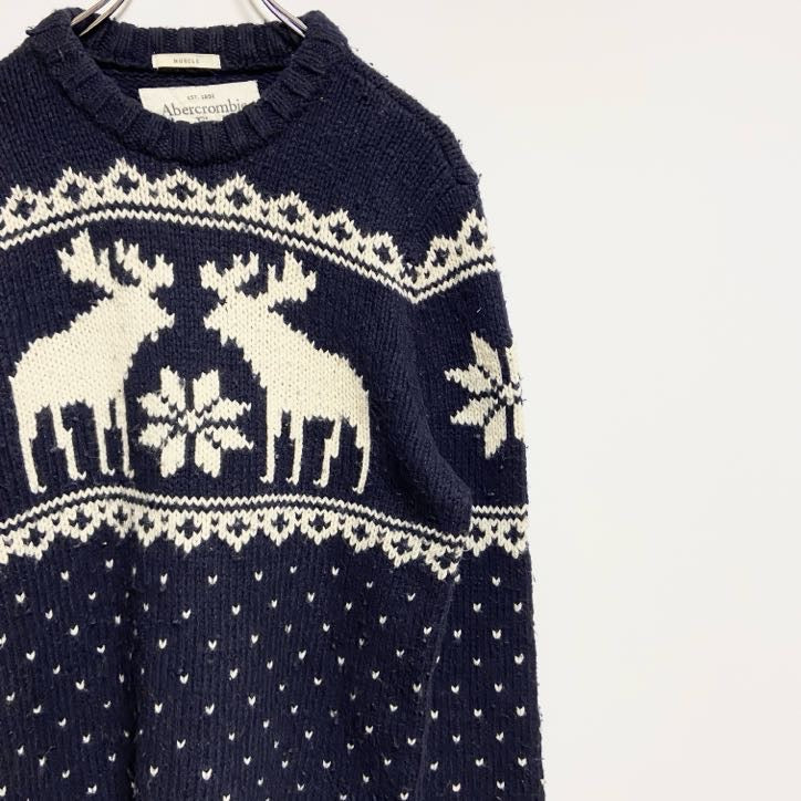 古着 used　Abercrombie＆Fitch　アバクロ　長袖ノルディック柄ニット　セーター　トナカイ　ネイビー　XLサイズ