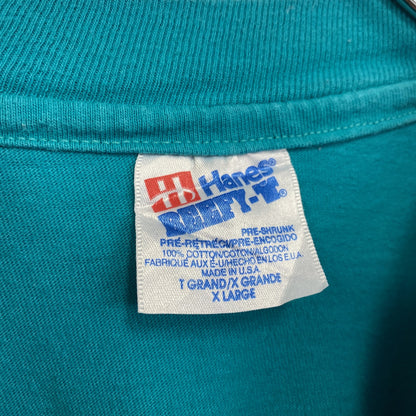 古着 used　Hanes　ヘインズ　半袖ワンポイントTシャツ　グリーン　ブルー　刺繍　クルーネック　ビッグシルエット　XLサイズ